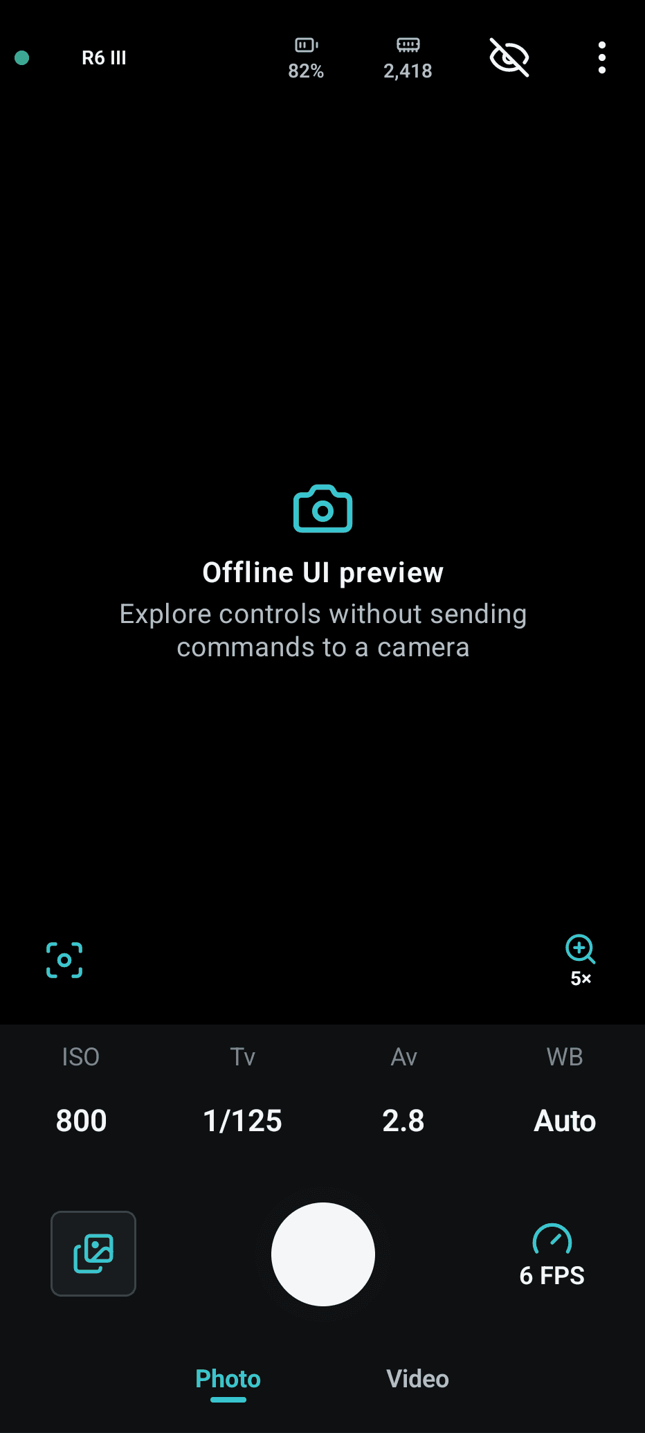Open EOS Control Android 離線介面預覽,包含曝光與拍攝控制